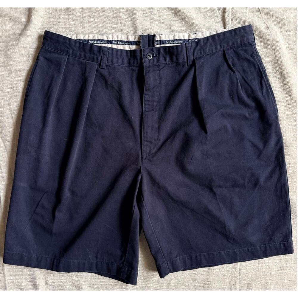 Vintage Polo Ralph Lauren Tyler Shorts Mens 42 Navy Pleated Chino 90s Cotton
